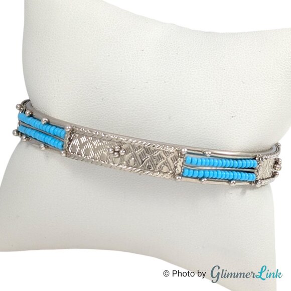 Southwestern Style Silver Tone Bangle Bracelet with Teal Seed Beads - Picture 7 of 9